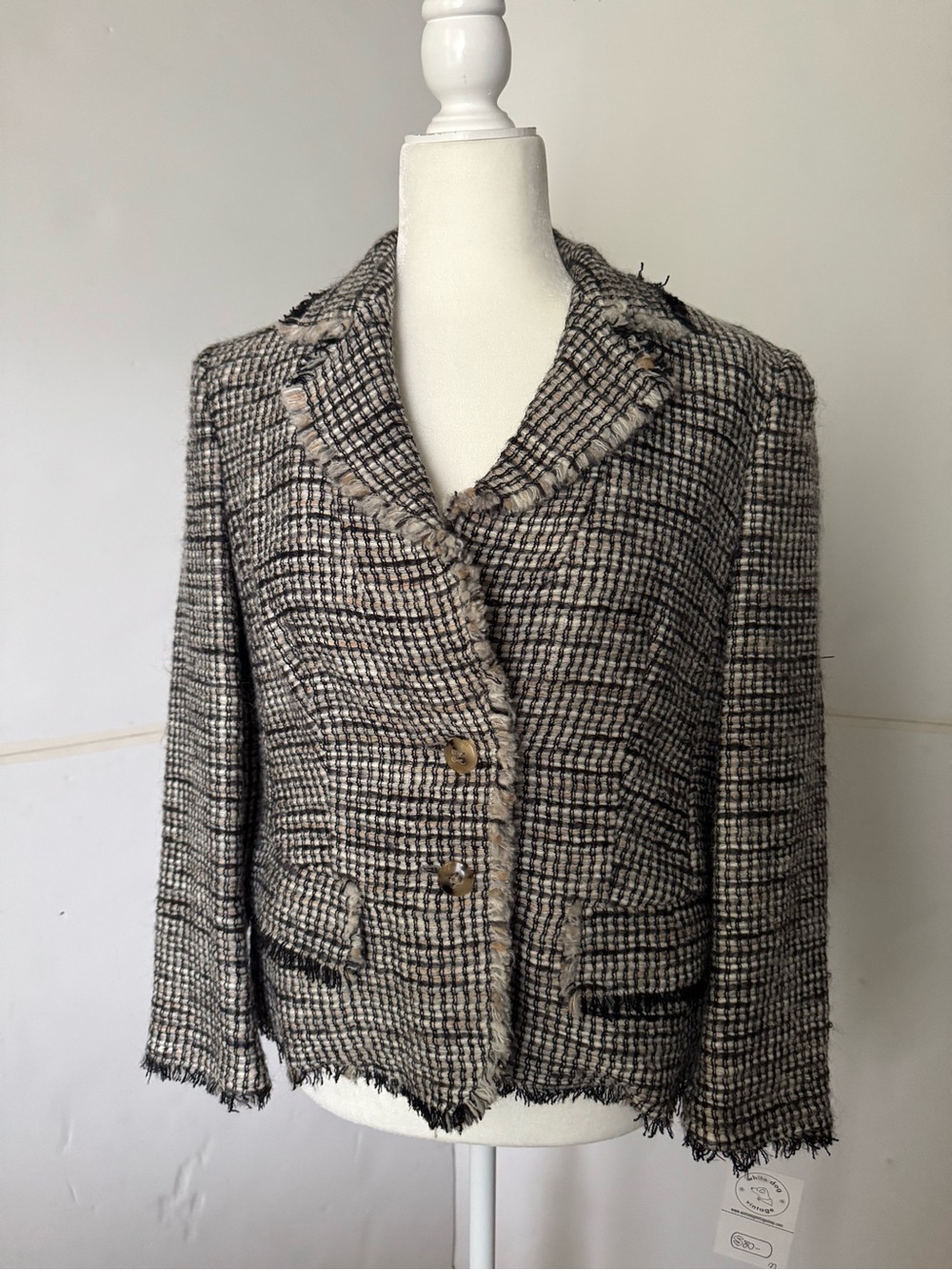 Escada Black and Cream Tweed Blazer with Frayed Trim